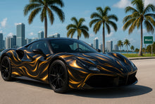Load image into Gallery viewer, Molten Gold Supercar Wrap – Black &amp; Liquid Gold Metallic Flame Design | Gloss Vinyl Vehicle Wrap for Exotic Cars, Sports Coupes &amp; Custom Builds by Stickalz nv048