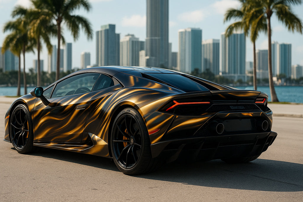 Molten Gold Supercar Wrap – Black & Liquid Gold Metallic Flame Design | Gloss Vinyl Vehicle Wrap for Exotic Cars, Sports Coupes & Custom Builds by Stickalz nv048