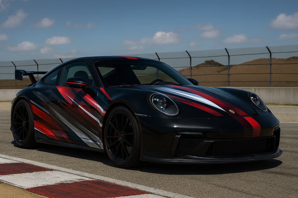 Track Velocity Sport Car Wrap – Red, Silver & Black Racing Stripe Design | Gloss Vinyl Vehicle Wrap for Porsche, GT, and Performance Cars by Stickalz nv049