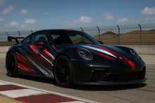 Load image into Gallery viewer, Track Velocity Sport Car Wrap – Red, Silver &amp; Black Racing Stripe Design | Gloss Vinyl Vehicle Wrap for Porsche, GT, and Performance Cars by Stickalz nv049