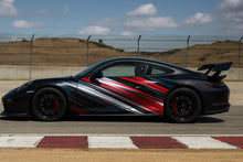 Load image into Gallery viewer, Track Velocity Sport Car Wrap – Red, Silver &amp; Black Racing Stripe Design | Gloss Vinyl Vehicle Wrap for Porsche, GT, and Performance Cars by Stickalz nv049