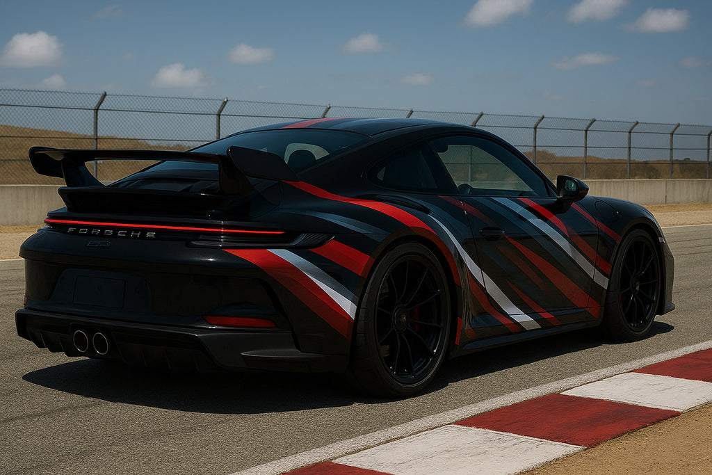 Track Velocity Sport Car Wrap – Red, Silver & Black Racing Stripe Design | Gloss Vinyl Vehicle Wrap for Porsche, GT, and Performance Cars by Stickalz nv049