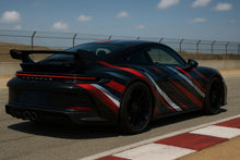 Load image into Gallery viewer, Track Velocity Sport Car Wrap – Red, Silver &amp; Black Racing Stripe Design | Gloss Vinyl Vehicle Wrap for Porsche, GT, and Performance Cars by Stickalz nv049