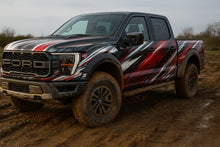 Load image into Gallery viewer, Off-Road Velocity Truck Wrap – Red, Silver &amp; Black Racing Stripe Design | Premium Matte Vinyl Wrap for Pickup Trucks, 4x4s &amp; Off-Road Builds by Stickalz nv050