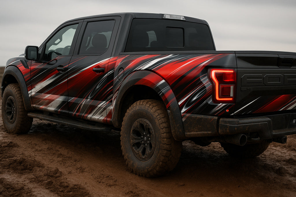 Off-Road Velocity Truck Wrap – Red, Silver & Black Racing Stripe Design | Premium Matte Vinyl Wrap for Pickup Trucks, 4x4s & Off-Road Builds by Stickalz nv050