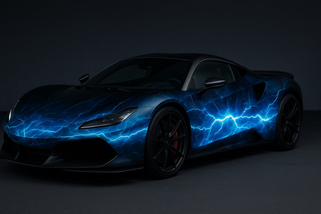 Electric Surge Car Wrap – Blue Lightning Energy Design | Gloss Vinyl Vehicle Wrap for Sports Cars, EVs & Supercars | Premium Custom Wrap by Stickalznv051