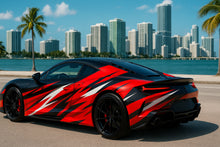 Load image into Gallery viewer, Scarlet Velocity Supercar Wrap – Red, Black &amp; White Racing Graphic Design | Premium Gloss Vinyl Car Wrap for Sports Cars &amp; Exotics by Stickalz nv053