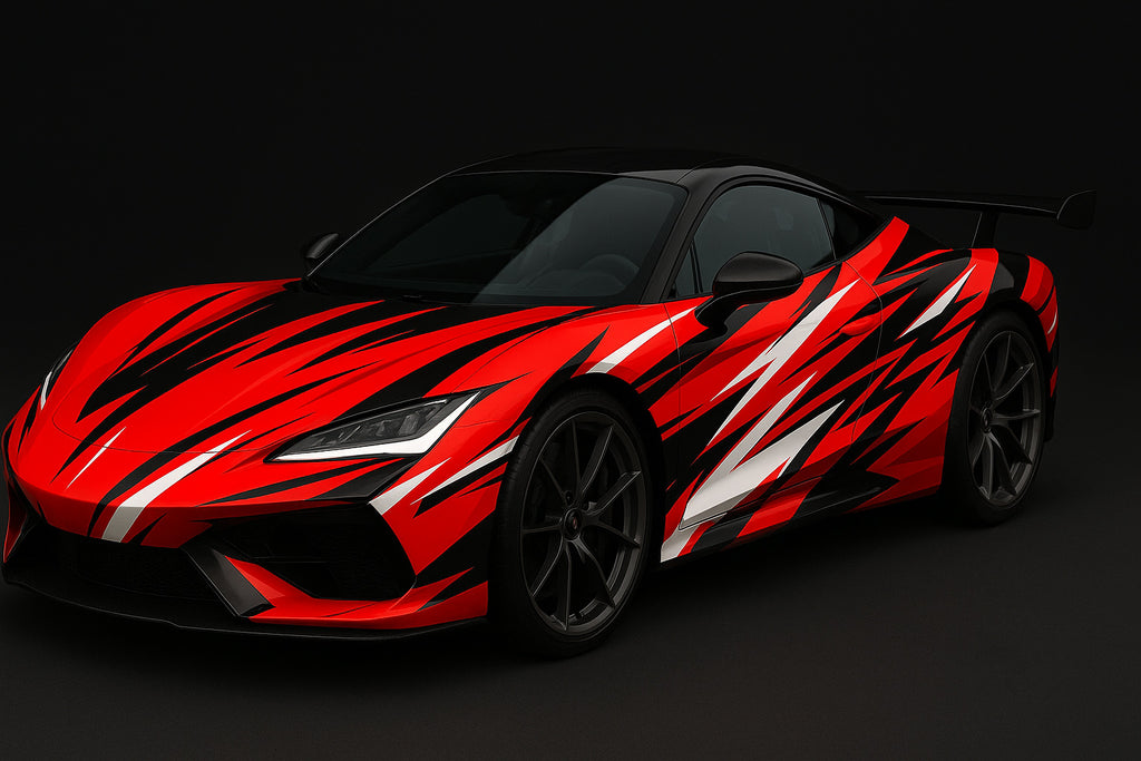 Scarlet Velocity Supercar Wrap – Red, Black & White Racing Graphic Design | Premium Gloss Vinyl Car Wrap for Sports Cars & Exotics by Stickalz nv053
