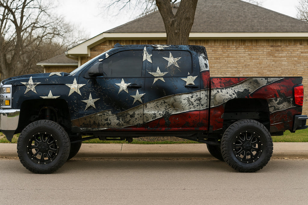Patriotic Freedom Truck Wrap – Distressed American Flag Vinyl Design | Premium Matte Vehicle Wrap for Lifted Trucks, Off-Road 4x4s & Diesel Builds by Stickalz nv054