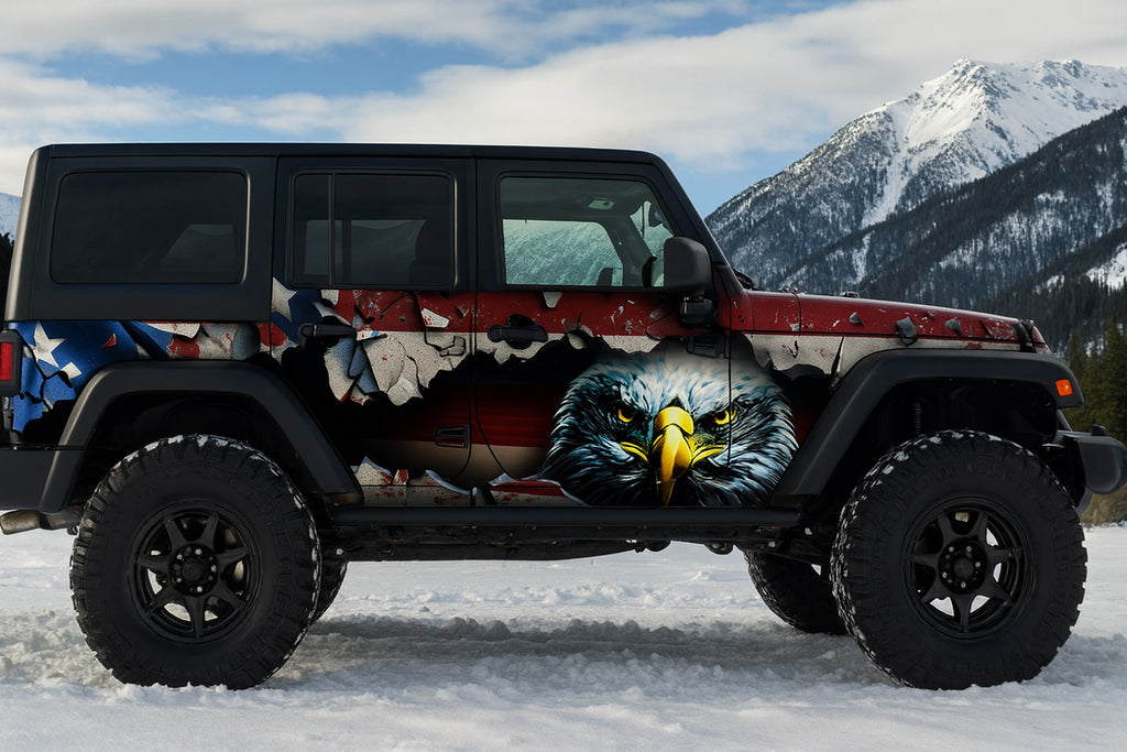 American Eagle Jeep Wrap – Patriotic USA Flag Vinyl Design | 3D Bald Eagle Off-Road Wrap for Jeep Wrangler, 4x4, and Adventure Vehicles by Stickalz nv056