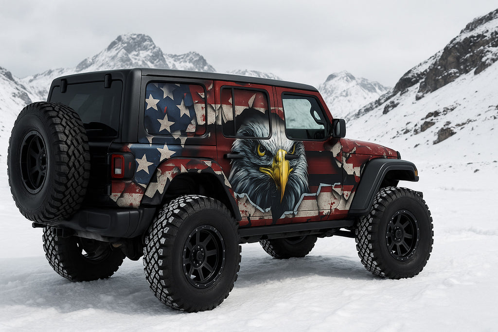 American Eagle Jeep Wrap – Patriotic USA Flag Vinyl Design | 3D Bald Eagle Off-Road Wrap for Jeep Wrangler, 4x4, and Adventure Vehicles by Stickalz nv056