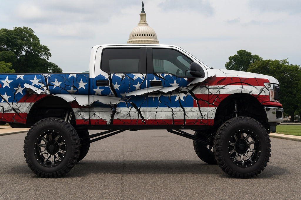 Cracked American Flag Truck Wrap – Distressed 3D Patriotic Vinyl Design | Matte Vehicle Wrap for Lifted Trucks, Off-Road 4x4s & Diesel Builds by Stickalz nv057