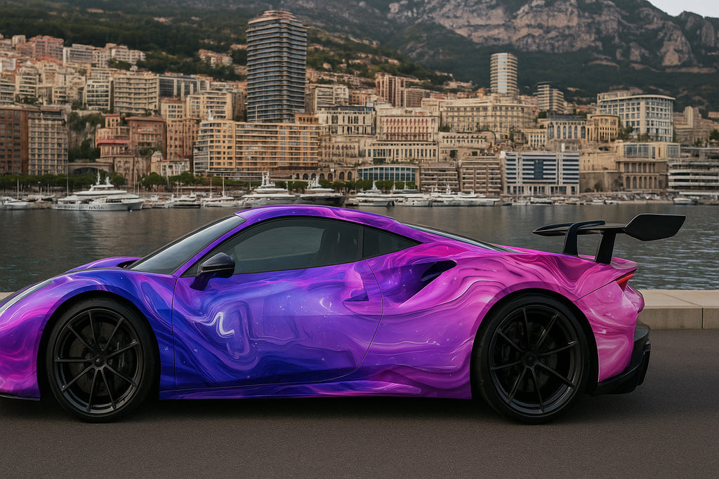 Galaxy Swirl Supercar Wrap – Purple and Pink Abstract Vinyl Car Wrap | Full-Body High Gloss Vehicle Graphic for Luxury Sports Cars by Stickalz nv060