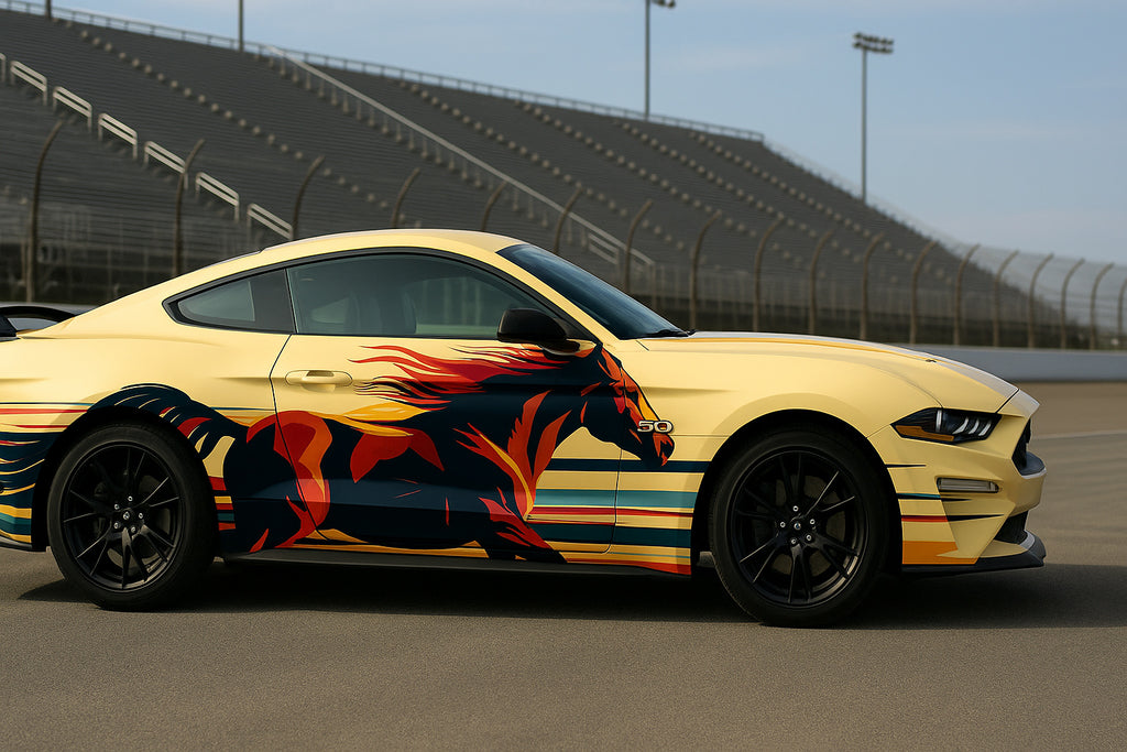 Wild Mustang Horse Racing Car Wrap – Artistic Full-Body Vinyl Graphic Kit | Retro Western-Inspired Colorful Car Wrap for Muscle Cars by Stickalz nv061