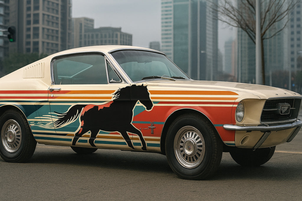 Retro Mustang Horse Car Wrap – Vintage Racing Stripes & Wild Stallion Graphic | Classic Full-Body Vinyl Wrap for Muscle Cars by Stickalz nv062