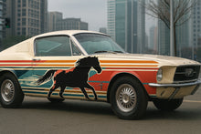 Load image into Gallery viewer, Retro Mustang Horse Car Wrap – Vintage Racing Stripes &amp; Wild Stallion Graphic | Classic Full-Body Vinyl Wrap for Muscle Cars by Stickalz nv062