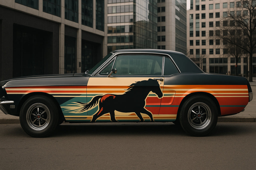 Retro Mustang Horse Car Wrap – Vintage Racing Stripes & Wild Stallion Graphic | Classic Full-Body Vinyl Wrap for Muscle Cars by Stickalz nv062