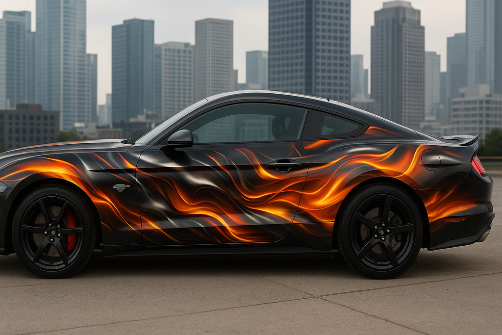 Inferno Flame Mustang Wrap – Realistic Fire Graphic Full-Body Car Vinyl | Hot Rod Style Custom Flame Car Wrap for Muscle Cars by Stickalz nv063