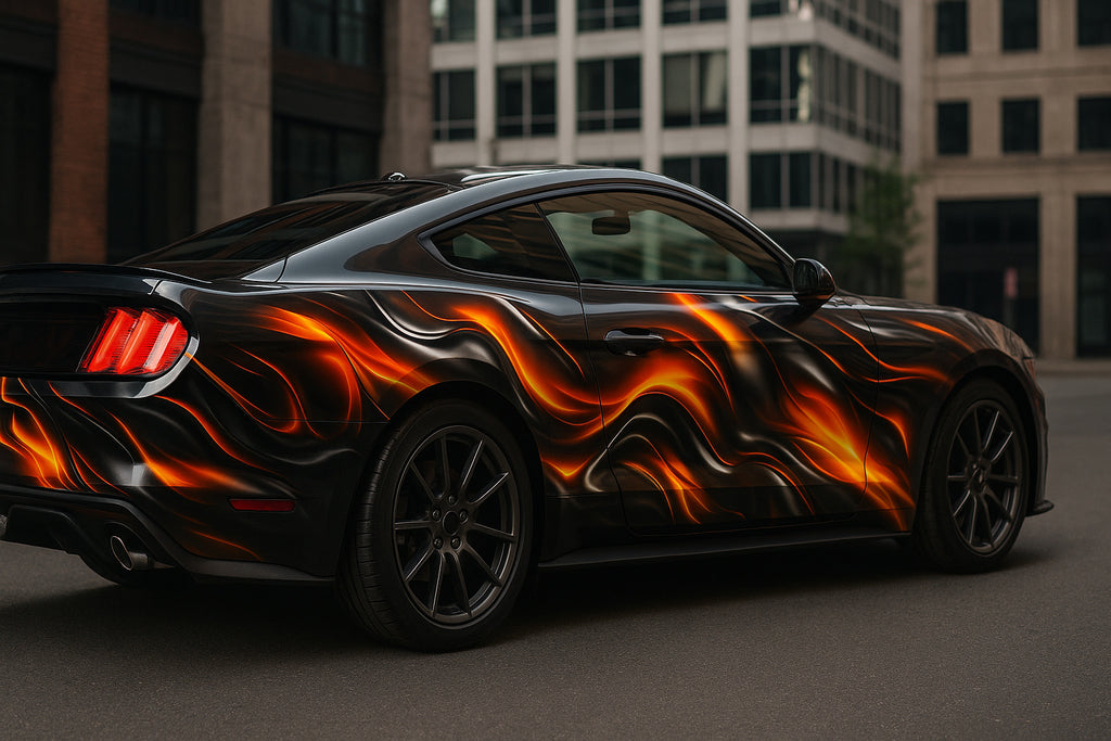 Inferno Flame Mustang Wrap – Realistic Fire Graphic Full-Body Car Vinyl | Hot Rod Style Custom Flame Car Wrap for Muscle Cars by Stickalz nv063