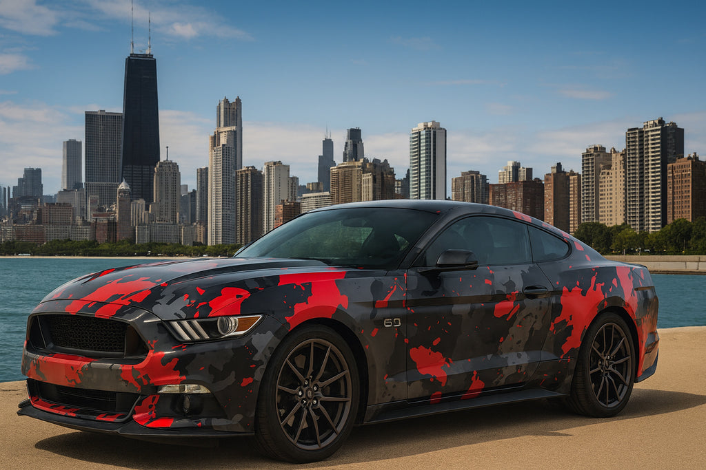 Red Urban Camo Mustang Wrap – Black and Gray Stealth Car Vinyl Graphic | Aggressive Full-Body Camouflage Wrap for Muscle Cars by Stickalz nv064