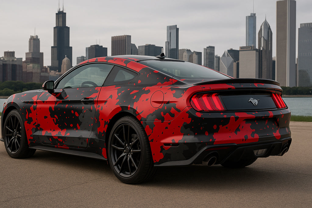 Red Urban Camo Mustang Wrap – Black and Gray Stealth Car Vinyl Graphic | Aggressive Full-Body Camouflage Wrap for Muscle Cars by Stickalz nv064