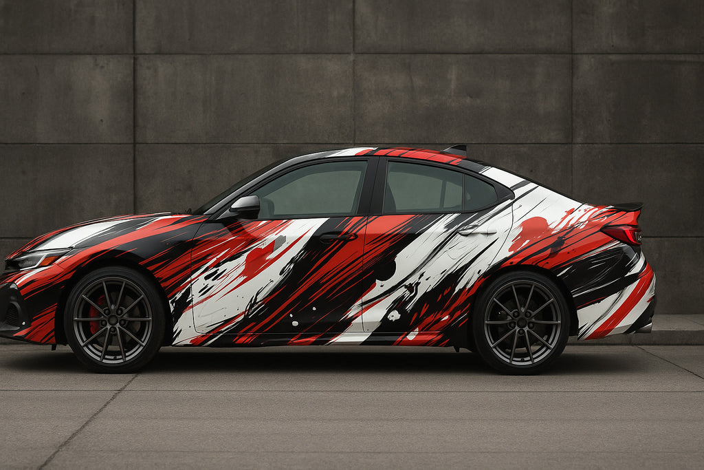 Red and Black Brush Stroke Car Wrap – Abstract Racing Vinyl Graphic Kit | Aggressive Full-Body Street Style Vehicle Wrap by Stickalz nv065