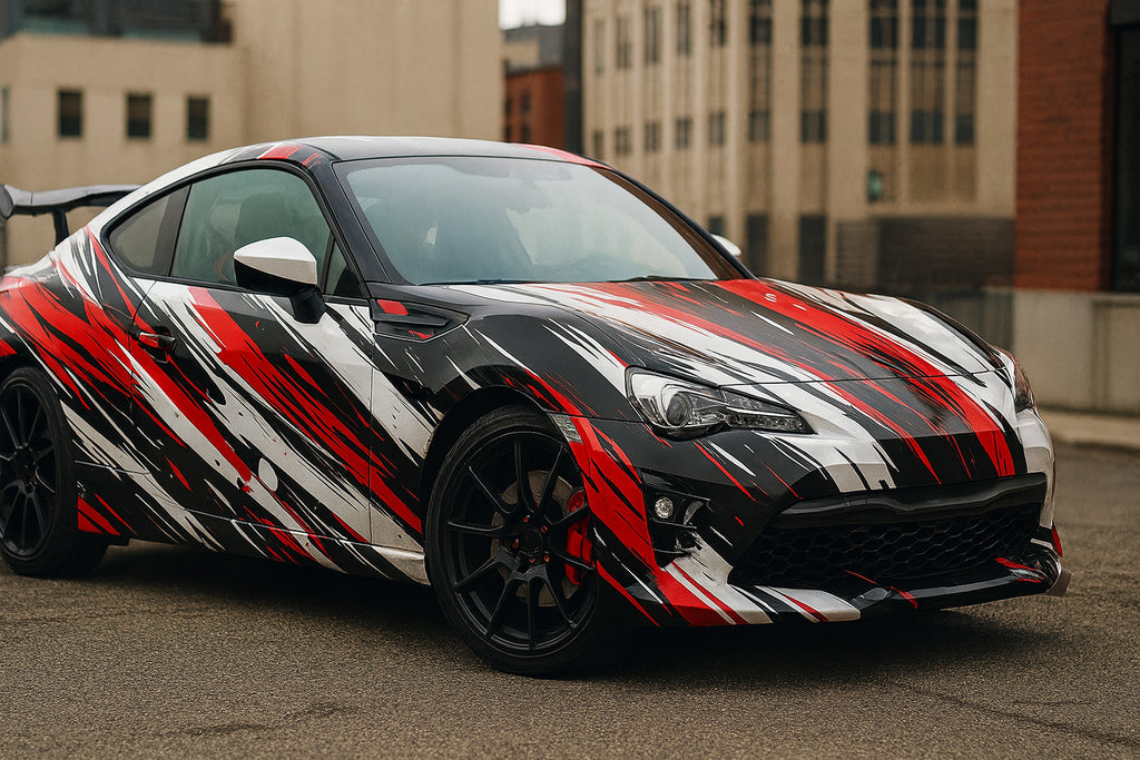 Red and Black Brush Stroke Car Wrap – Abstract Racing Vinyl Graphic Kit | Aggressive Full-Body Street Style Vehicle Wrap by Stickalz nv065