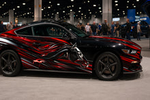Load image into Gallery viewer, Black and Red Chrome Mustang Wrap – Metallic Flame Horse Vinyl Graphic | Aggressive Full-Body Car Wrap for Muscle Cars and Show Vehicles by Stickalz nv066