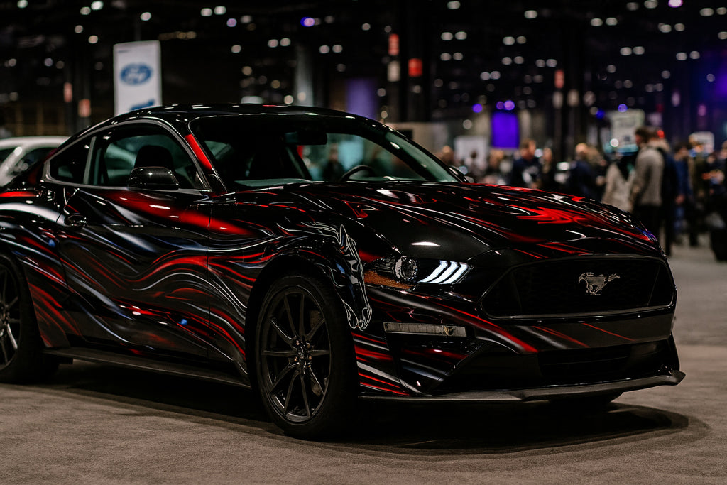 Black and Red Chrome Mustang Wrap – Metallic Flame Horse Vinyl Graphic | Aggressive Full-Body Car Wrap for Muscle Cars and Show Vehicles by Stickalz nv066