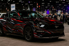 Load image into Gallery viewer, Black and Red Chrome Mustang Wrap – Metallic Flame Horse Vinyl Graphic | Aggressive Full-Body Car Wrap for Muscle Cars and Show Vehicles by Stickalz nv066