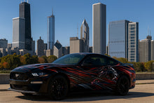 Load image into Gallery viewer, Black and Red Chrome Mustang Wrap – Metallic Flame Horse Vinyl Graphic | Aggressive Full-Body Car Wrap for Muscle Cars and Show Vehicles by Stickalz nv066