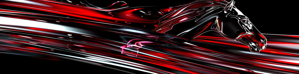 Black and Red Chrome Mustang Wrap – Metallic Flame Horse Vinyl Graphic | Aggressive Full-Body Car Wrap for Muscle Cars and Show Vehicles by Stickalz nv066