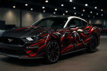 Load image into Gallery viewer, Red and Black Flame Mustang Wrap – Racing Stallion Vinyl Car Graphic | Aggressive Full-Body Fire Horse Car Wrap for Muscle Cars by Stickalz nv067