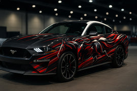 Red and Black Flame Mustang Wrap – Racing Stallion Vinyl Car Graphic | Aggressive Full-Body Fire Horse Car Wrap for Muscle Cars by Stickalz nv067