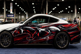 Red and Black Flame Mustang Wrap – Racing Stallion Vinyl Car Graphic | Aggressive Full-Body Fire Horse Car Wrap for Muscle Cars by Stickalz nv067