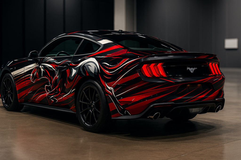 Red and Black Flame Mustang Wrap – Racing Stallion Vinyl Car Graphic | Aggressive Full-Body Fire Horse Car Wrap for Muscle Cars by Stickalz nv067