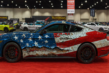 Load image into Gallery viewer, Distressed American Flag Mustang Wrap – Patriotic Rusted Metal Vinyl Graphic | USA Stars and Stripes Car Wrap for Muscle Cars by Stickalz nv068