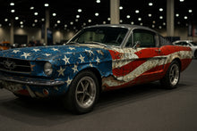 Load image into Gallery viewer, Distressed American Flag Mustang Wrap – Patriotic Rusted Metal Vinyl Graphic | USA Stars and Stripes Car Wrap for Muscle Cars by Stickalz nv068