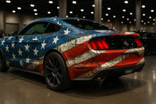 Load image into Gallery viewer, Distressed American Flag Mustang Wrap – Patriotic Rusted Metal Vinyl Graphic | USA Stars and Stripes Car Wrap for Muscle Cars by Stickalz nv068