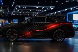 Black and Red Neon Flow Car Wrap – Futuristic Glow Line Vinyl Graphic | Matte Cyber-Inspired Full-Body Vehicle Wrap for Sports Cars by Stickalz nv070