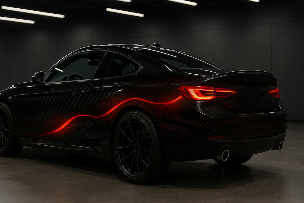 Black and Red Neon Flow Car Wrap – Futuristic Glow Line Vinyl Graphic | Matte Cyber-Inspired Full-Body Vehicle Wrap for Sports Cars by Stickalz nv070