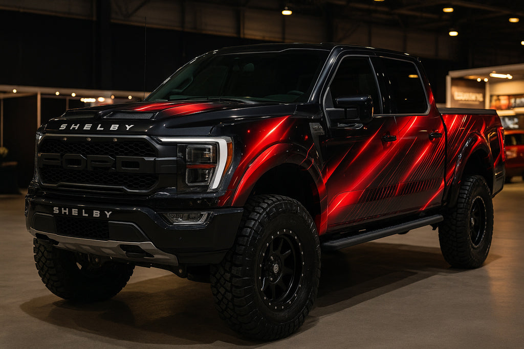 Black and Red Cyber Line Truck Wrap – Futuristic Vinyl Graphic for Pickup | Matte Tech-Inspired Full-Body Vehicle Wrap for Off-Road and Show Trucks by Stickalz nv071