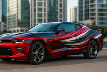 Load image into Gallery viewer, Red and Black Swirl Camaro Wrap – High-Gloss Racing Vinyl Graphic | Metallic Motion Wave Full-Body Car Wrap for Sports Cars by Stickalz nv072