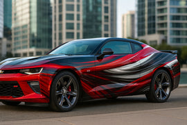 Red and Black Swirl Camaro Wrap – High-Gloss Racing Vinyl Graphic | Metallic Motion Wave Full-Body Car Wrap for Sports Cars by Stickalz nv072