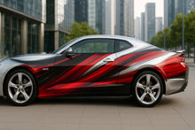 Load image into Gallery viewer, Red and Black Swirl Camaro Wrap – High-Gloss Racing Vinyl Graphic | Metallic Motion Wave Full-Body Car Wrap for Sports Cars by Stickalz nv072