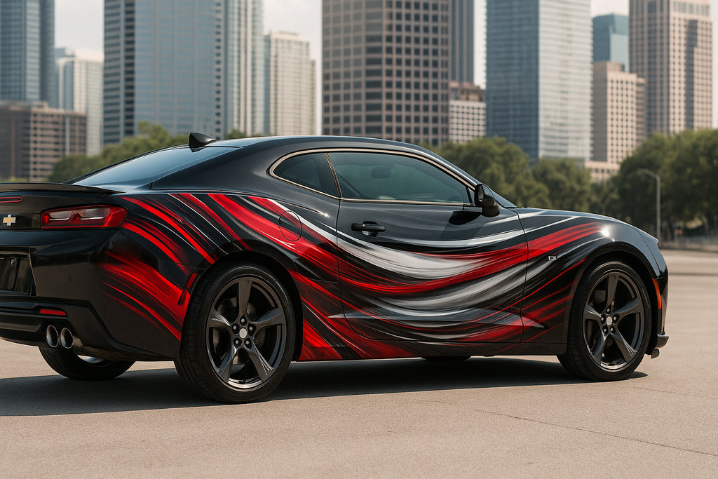 Red and Black Swirl Camaro Wrap – High-Gloss Racing Vinyl Graphic | Metallic Motion Wave Full-Body Car Wrap for Sports Cars by Stickalz nv072