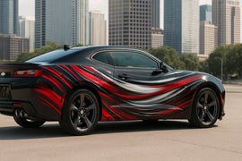 Red and Black Swirl Camaro Wrap – High-Gloss Racing Vinyl Graphic | Metallic Motion Wave Full-Body Car Wrap for Sports Cars by Stickalz nv072