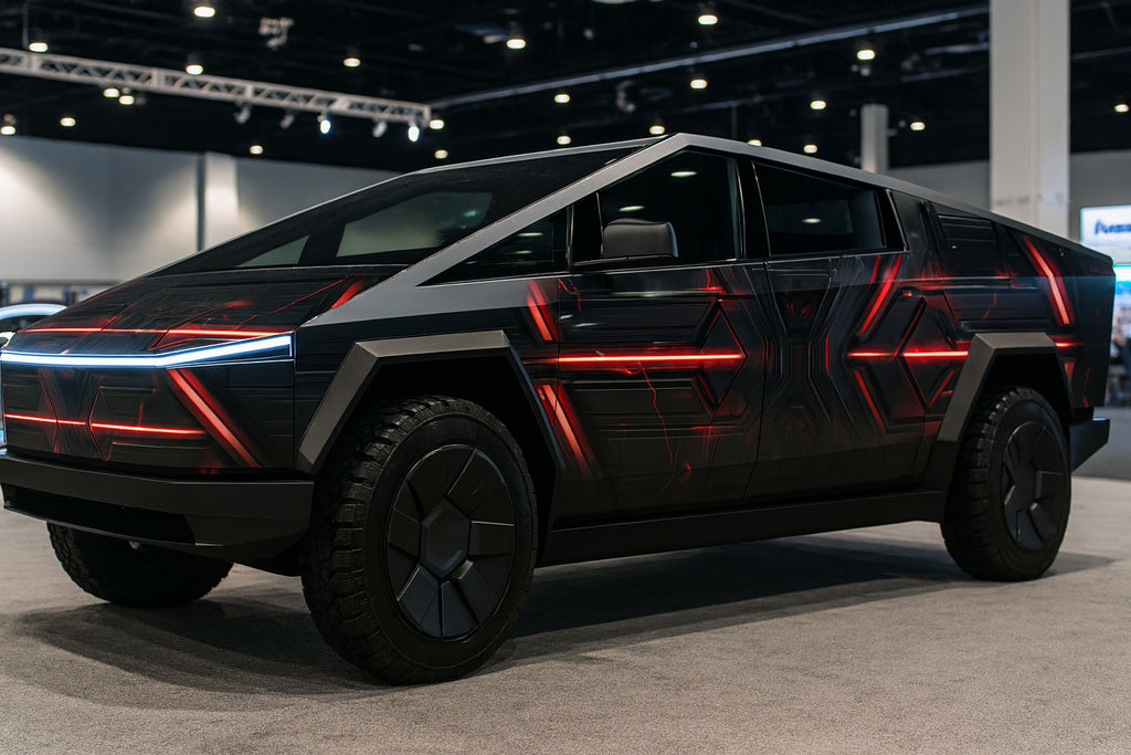 Cyber Red Line Tech Wrap – Futuristic Black and Red Vinyl Graphic | Cybertruck Full-Body Sci-Fi Vehicle Wrap for Tesla and Electric Trucks by Stickalz nv073