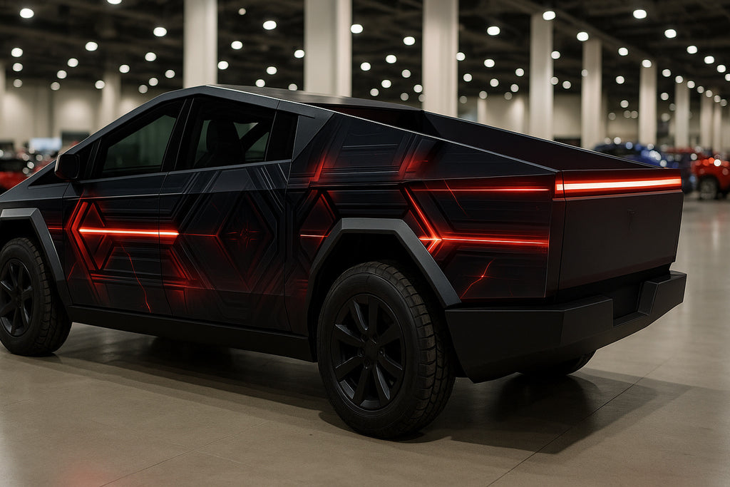 Cyber Red Line Tech Wrap – Futuristic Black and Red Vinyl Graphic | Cybertruck Full-Body Sci-Fi Vehicle Wrap for Tesla and Electric Trucks by Stickalz nv073