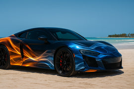 Blue and Orange Wave Car Wrap – High-Gloss Fluid Energy Vinyl Graphic | Abstract Full-Body Supercar Wrap for Exotic and Luxury Cars by Stickalz nv074